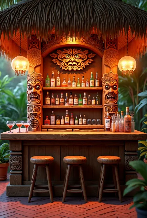 Front facing tiki bar with straw roof bottle and cocktail glasses on the bar real looking