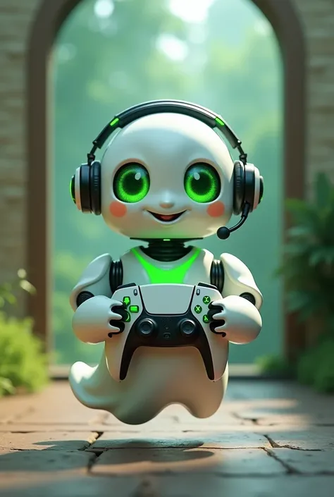 Create a medium-sized robot pet with a ghost-like appearance. With slightly rounded shapes resembling a drop. On your hands you have well defined fingers. His facial expression has large, green eyes with a glow, conveying a friendly and cheerful expression...