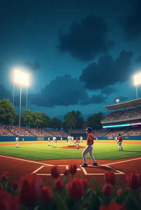 ((masterpiece, highest quality, Highest image quality, High resolution, photorealistic, Raw photo, 8K)) a little league baseball game, night time, under lights, people on bleachers watching