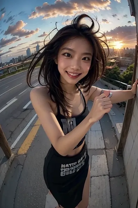 1 Punk Chick, Fisheye, selfie, wind, messy long hair, sunset, city landscape, (Aesthetics and ambience:1.2),smiling