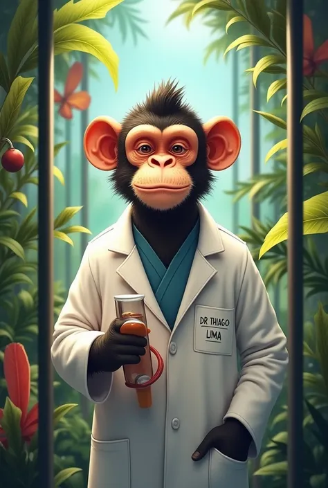 Monkey doctor with name on lab coat dr..thiago lima caged 