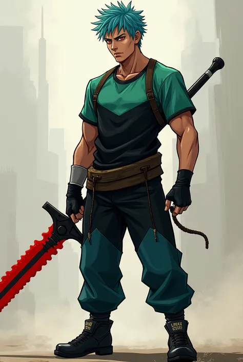 A man with short blue spiky hair, with a green and black short sleeve shirt, a black and blue jumpsuit, a sword with a serrated blade of red color, with black shoes, Eyes red, Tired facial expression