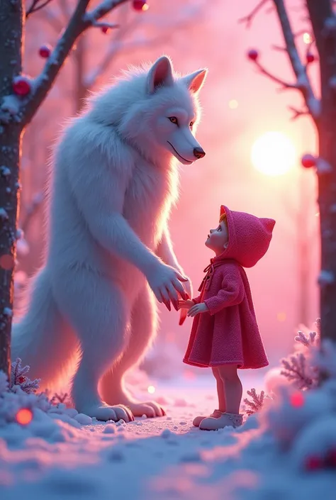 Big Bad Wolf and Little Red Riding Hood、(Fluorescent Color:1.4)、(translucent:1.4)、(Retro filter:1.4)、(fantasy:1.4)、Candy world Disneyland Fantasy fluffy soft scenery forest snow avatar Pastel pink sky green blue glow Dreamy light Pastel soft glow Rainbow s...