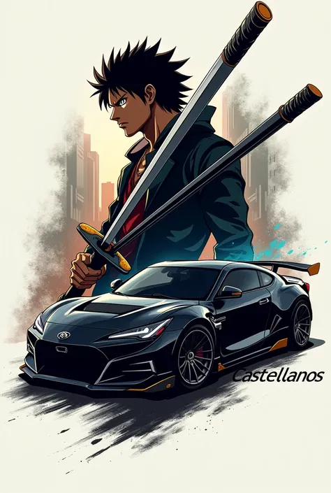 Create me a modern logo with a black car designed with beastly Zoro Roronoa with the name Castellanos