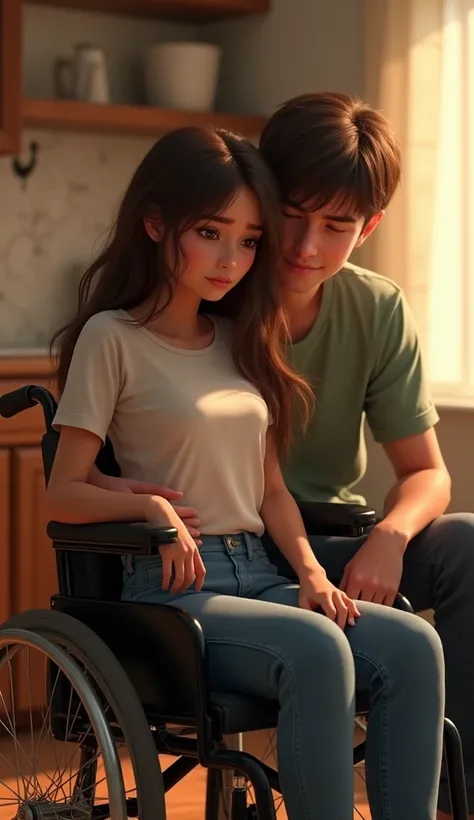 A sad georgous young woman with brown hair and white t-shirt and jeans setting on a wheelchair talking to her handsome boyfriend at home, pixar , cinematic masterpiece aesthetic, realistic 