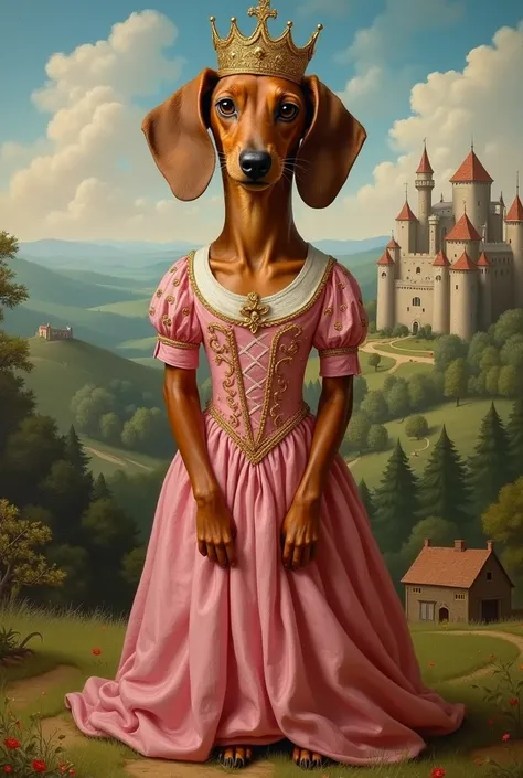 A medieval painting of a brown dachshund in a pink dress with a crown in a human body 
