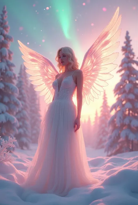 Sexy female angel in white、(Fluorescent Color:1.4)、(translucent:1.4)、(Retro filter:1.4)、(fantasy:1.4)、Candy world Disneyland Fantasy fluffy soft scenery forest snow avatar Pastel pink sky green blue glow Dreamy light Pastel soft glow Rainbow stars Diamond ...