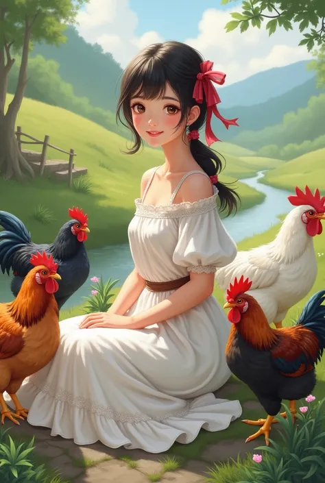 a  in a white dress and a red ribbon in her hair sitting among several colorful chickens near a stream