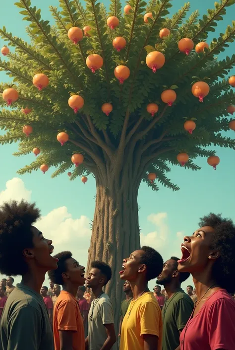 a tree, fruits of afro-descendant penises, people below with their mouths open, staring overhead.