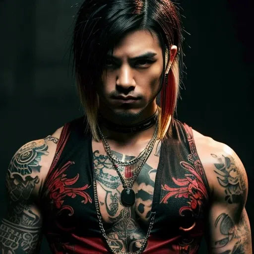 1 man, Japanese man, male, Asian eyes, muscular, broad shoulders, yakuza tattoos, hairstyle Visual Kei style, hair Visual Kei, black mens shirt and black pants, ultra detailed face, hyperrealistic, realistic representation, long hair, long hair, 30 years o...