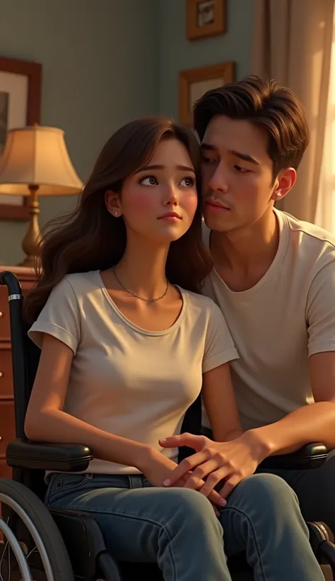 A sad georgous young woman with brown hair and white t-shirt and jeans setting on a wheelchair talking to her handsome boyfriend at home, pixar , cinematic masterpiece aesthetic, realistic 