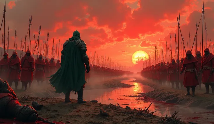 A men which are weared green + black battle suit and he fight with many red suit army near a small river, Sun set, blood sky, burning tent, a bloody ground, javelin, sword, Arrow everywhere on ground, Arrows from sky, fire woods, bloody hourse