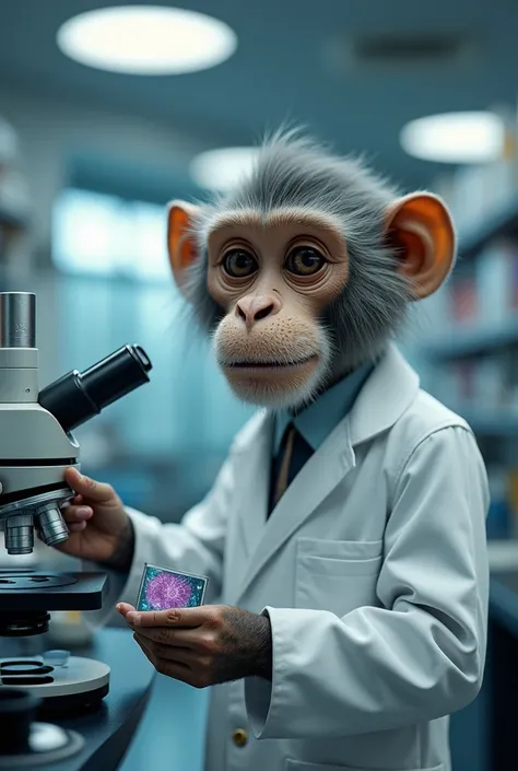 Doctor monkey named dr.. Thiago Lima in the lab coat , with pathology slides in his right hand , in the environment in a microscope room all in ultra realistic 8k.