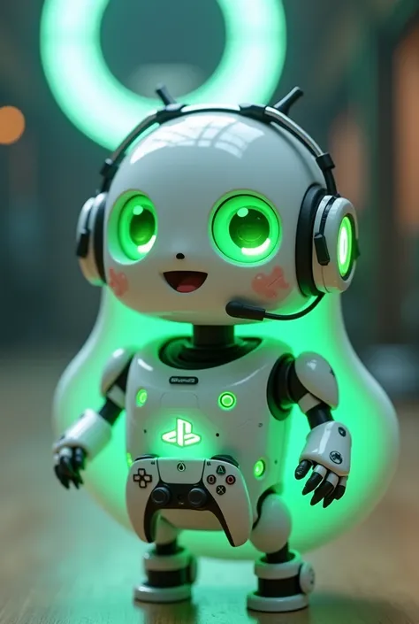 Create a medium-sized robot pet with a ghost-like appearance. With slightly rounded shapes resembling a drop. On your hands you have well defined fingers. His facial expression has large, green eyes with a glow, conveying a friendly and cheerful expression...