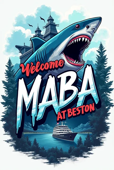 Create a graffiti image with the theme &quot;WELCOMING MABA 2024 design and construction&quot; with a combination of blue, black and white, one shark and one ship without any watermark, then draw a landscape, make a large writing in the middle with graffit...