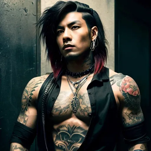 1 man, Japanese man, male, Asian eyes, muscular, broad shoulders, yakuza tattoos, hairstyle Visual Kei style, hair Visual Kei, black mens shirt and black pants, ultra detailed face, hyperrealistic, realistic representation, long hair, long hair, 30 years o...