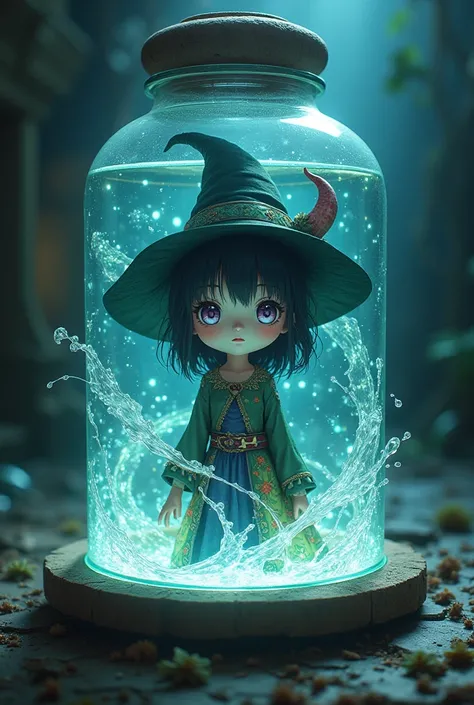 masterpiece, High resolution, anime style beautiful girl, be in a dirty glass, immersed in liquid, homunculus, magic circle, small room with phosphorescent flash, Perfect beautiful girl, dressed as a witch, bright from within, looking at the viewer, risa, ...