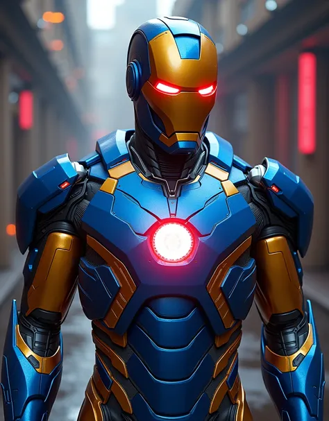 Ironman futuristic blue golden glossy suit with neon red light in suit cenematic background 