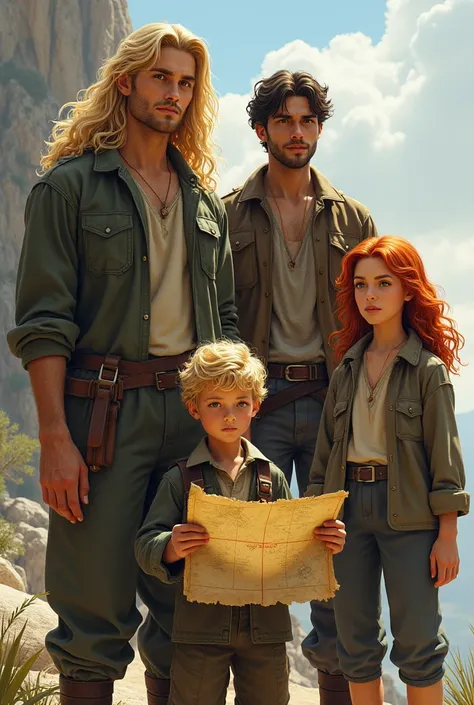 Make one tall blonde and the other tall brown and a tall dark-haired boy holding a map and a tall blond boy and a tall redhead

