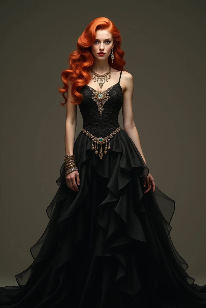 Redhead woman with jewelry and black prom dress,vertical body image