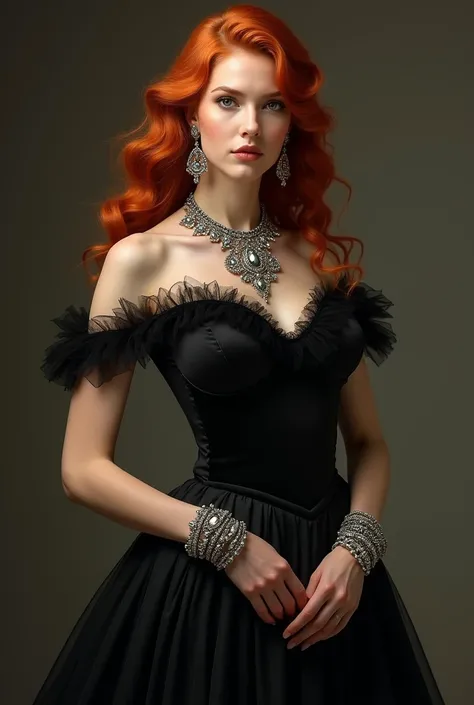 Redhead woman with jewelry and black prom dress,vertical body image