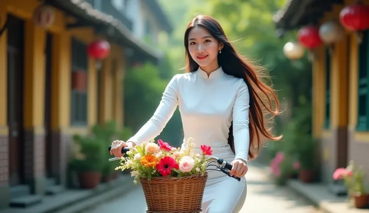 Make a photo of a Vietnamese female model wearing a white Ao Dai. Riding a bike on an old street. 85mm lens. bright. realistic. Focus your eyes well. Full shot. Make a basket and a bouquet of flowers in front of the bike. Make your fingers nice. 