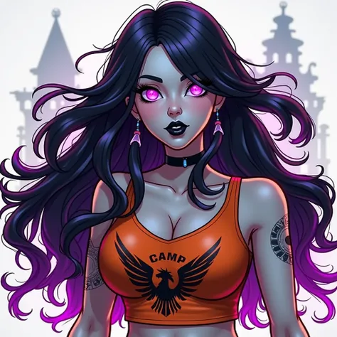 Create image for me : universo percy jackson + Teenage girl + has hair as black as night+ fluorescent neon purple tips+Your skin is white+ purple slanted eyes+ neon purple color+ black lips +red cheeks+more imposing and powerful appearance+ sexy hourglass ...