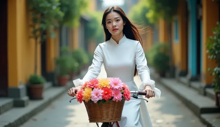 Make a photo of a Vietnamese female model wearing a white Ao Dai. Riding a bike on an old street. 85mm lens. bright. realistic. Focus your eyes well. Full shot. Make a basket and a bouquet of flowers in front of the bike. Make your fingers nice. 