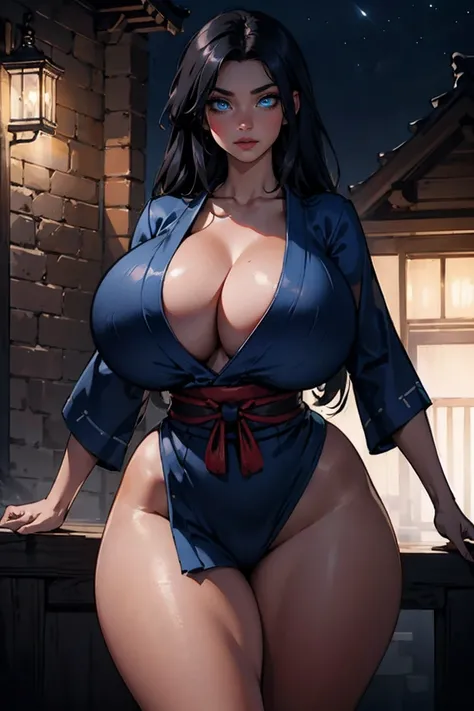 (masterpiece, best quality, perfect face, (beautiful and aesthetic:1.2), extremely detailed, highest detailed face), (beautiful kunoichi, (long black styled hair:1.2), (vivid azure eyes:1.3), (fake breasts:1.2), huge breasts, (narrow waist), (thicc thighs:...