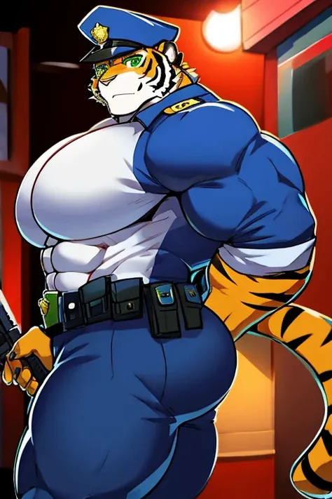 tigre, green eyes, muscular, with police cap, with big pecs, with a big ass