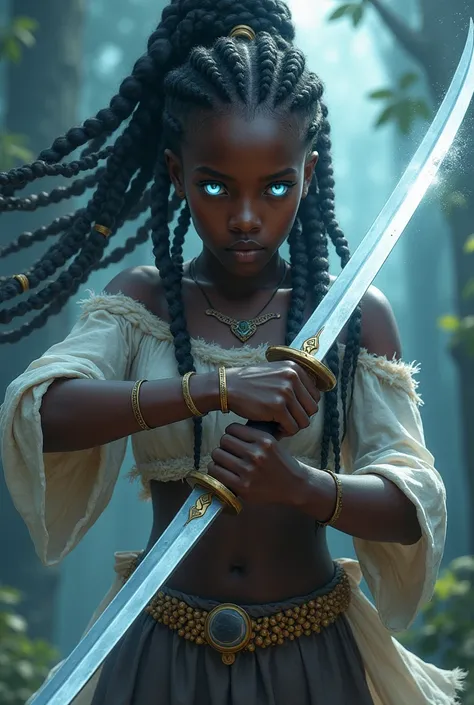 African American teenage girl with swords and white eyes and braids 