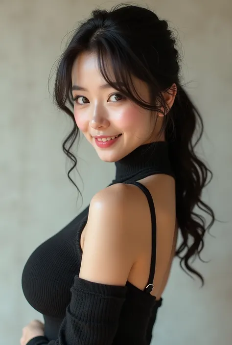 (Highest quality、4K、8k、High resolution、masterpiece:1.2)、Very detailed、(Genuine、Realistic、Realistic:1.3)、japanese women、smile、Large Breasts、backless High neck sleeveless knit dress、side boob、virgin killer sweater、Taken from the side