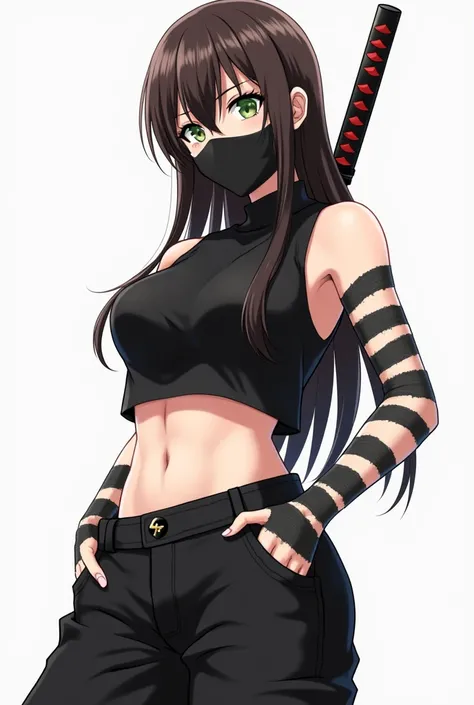 Full-body. Physically attractive woman with long dark brown hair, greeneyes, wearing a black mask covering from the mouth to the neck, um cropped preto, a pair of black oversized pants, with bandages on his left arm. She will have only ONE Katana on her ba...