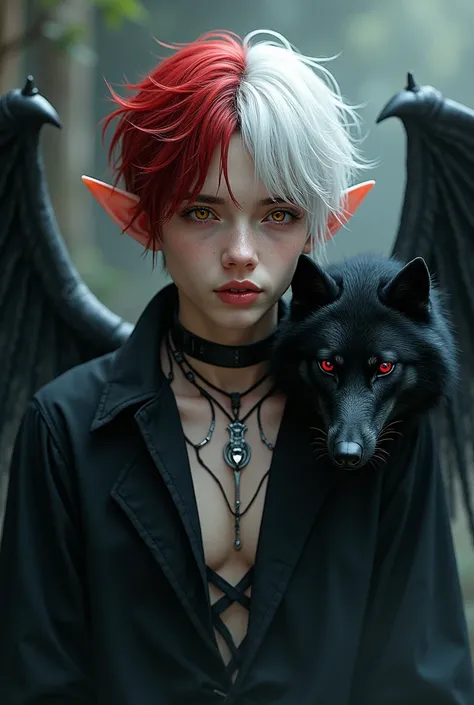 A boy who looks like someone in his 20s, her hair is white and red and her skin is white and pale, each of your eyes has a different color from the other, he is sad and melancholic because he is not reciprocated by the man he loves, he looks like a gothic,...