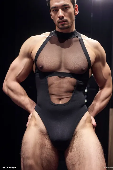 Mesh Bodysuit, ultra photorealism, ultra realism(Korean male) ,wearing sexy bodysuit, huge muscle，See-through, Underground nightclub, Dancing, Facial hair, Realistic, Masterpiece, Intricate details, Detailed background, Depth of field,（（（The crotch is rais...