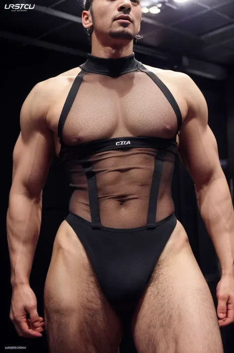 Mesh Bodysuit, ultra photorealism, ultra realism(Korean male) ,wearing sexy bodysuit, huge muscle，See-through, Underground nightclub, Dancing, Facial hair, Realistic, Masterpiece, Intricate details, Detailed background, Depth of field,（（（The crotch is rais...