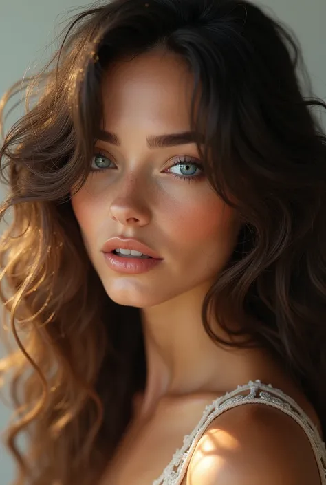 A super realistic  brunette with blue eyes fluffy long curly hair and highlights 