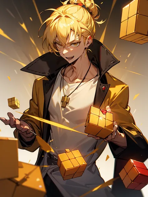 blonde hair, golden eyes, hair tied up into a bun, yellow detailed light from rubiks cube, casual outfit, jacket,, mature male, ...