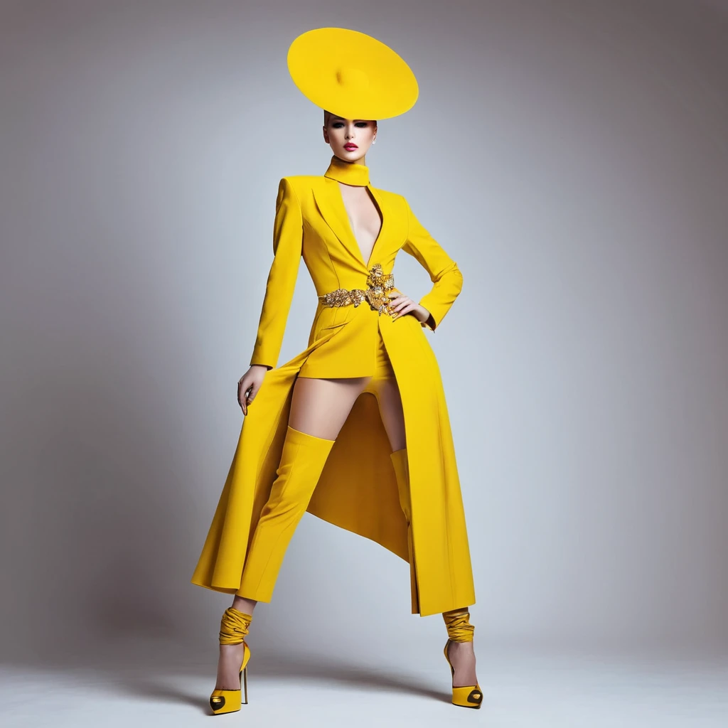 beautiful sexy woman, beautiful avant-garde style, full length , Beautiful yellow clothes , Accessories