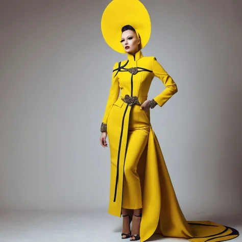 beautiful sexy woman, beautiful avant-garde style, full length , Beautiful yellow clothes , Accessories