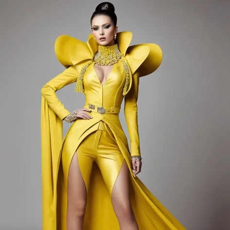 beautiful sexy woman, beautiful avant-garde style, full length , Beautiful yellow clothes , Accessories