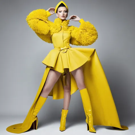 beautiful sexy woman, beautiful avant-garde style, full length , Beautiful yellow clothes , Accessories