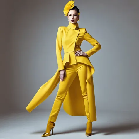 beautiful sexy woman, beautiful avant-garde style, full length , Beautiful yellow clothes , Accessories