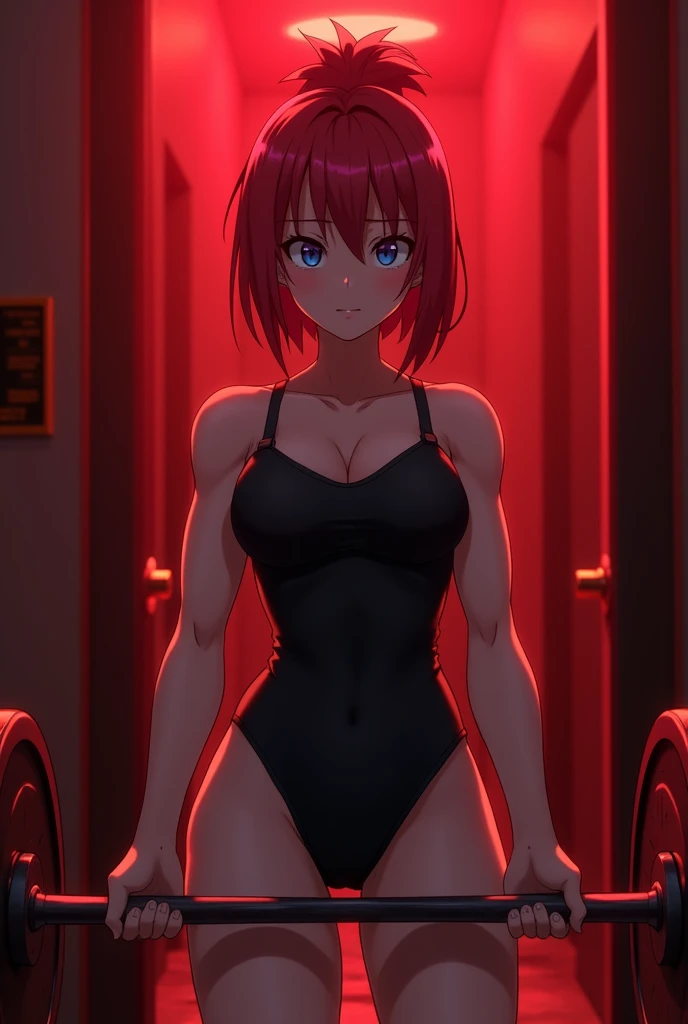 Create an anime girl holding a barbell at the gym, leave the hem on the shoulders and add a black swimsuit covering your entire body and legs, make her hair red and make the gym lit red leave the bra on her back, as if she were training her legs