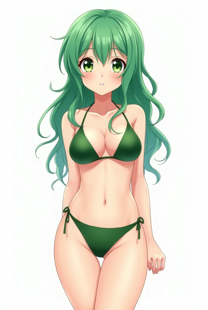 Anime style girl green hair green eyes and green bikini white background