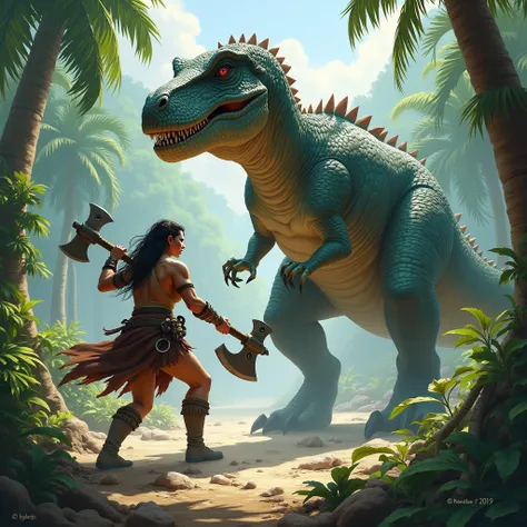 In a low fantasy, subtropical setting, a fierce female barbarian and a dinosaur are facing one another, battling each other.