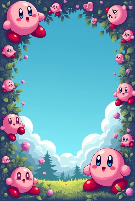 Make a unique frame for Twitch in a gay color that has to do with the Kirby video game without a background but horizontal, all in pixel art