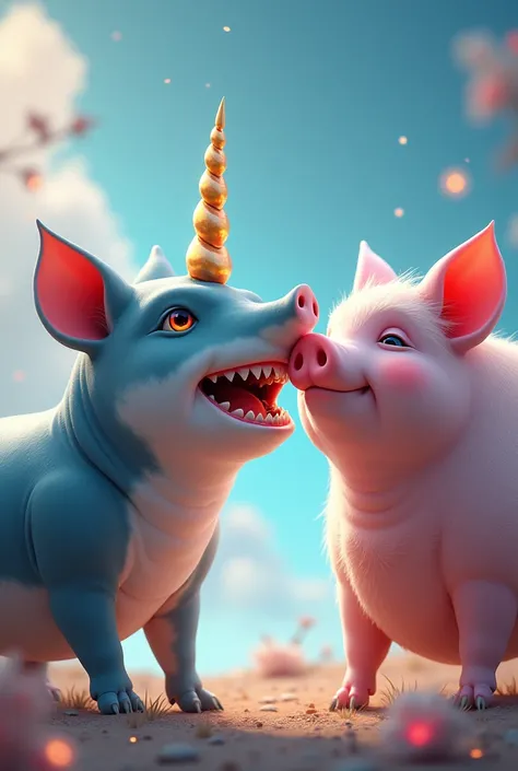 A shark with a unicorn horn kisses a pig on the mouth
