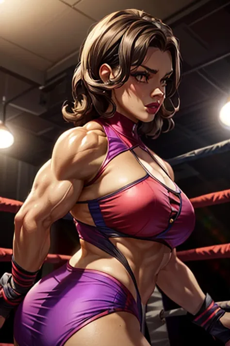 ((Courage bomb)) ((Look at the ceiling))((Flashy professional wrestler costume))(((female professional wrestler))) (((muscular))) female (((abdomen)))(((female professional fighter)))) big neckline monitorPro wrestling lighting match venue cocktail crowd l...