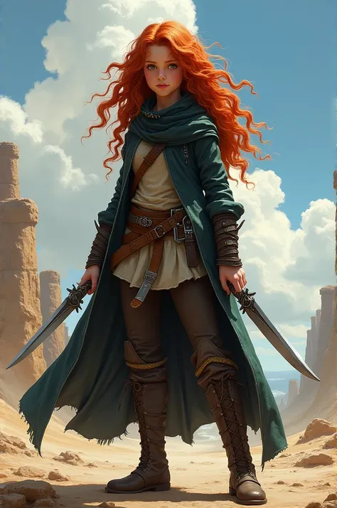 Girl about five feet tall, skin fair, long curly red hair. Holding two daggers in an open, sunny environment. Thief clothes. dark fantasy style. 